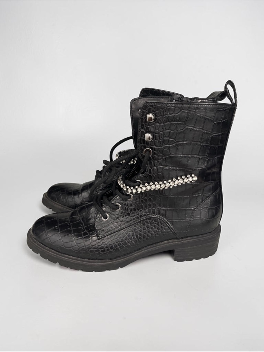 Express Black Croc-Embossed Lace-Up Boots with Rhinestone Strap 9 - Picture 2 of 6